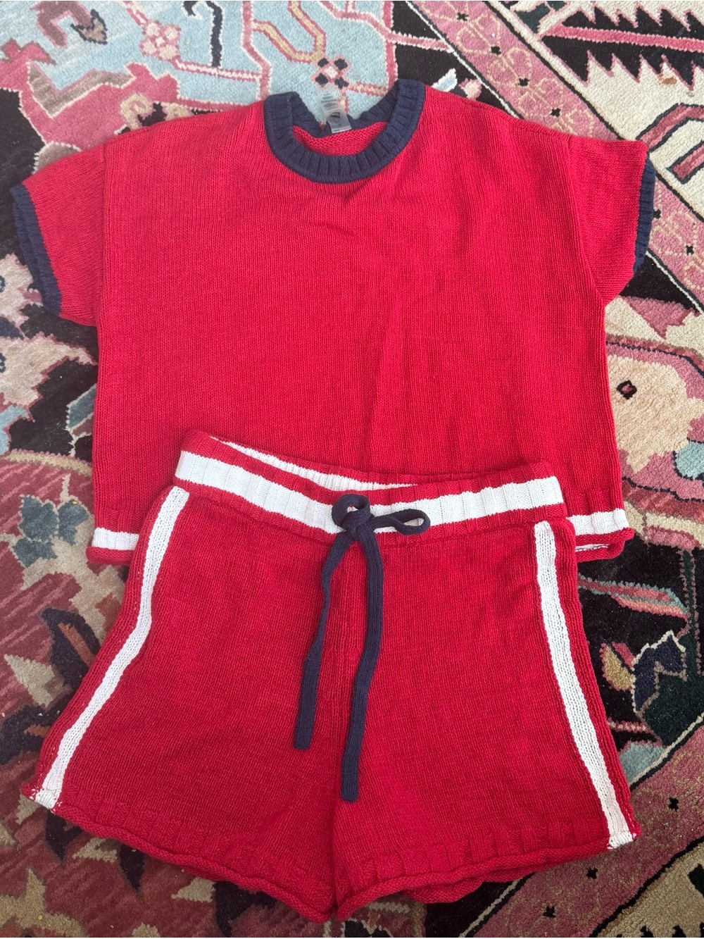 Loft Lou & Grey Red Knit shorts Set with Navy Trim